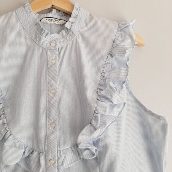 NAF NAF France Ruffle Bib Collar Sleeveless Button Down Stripped Blouse Sz L - Picture 4 of 11